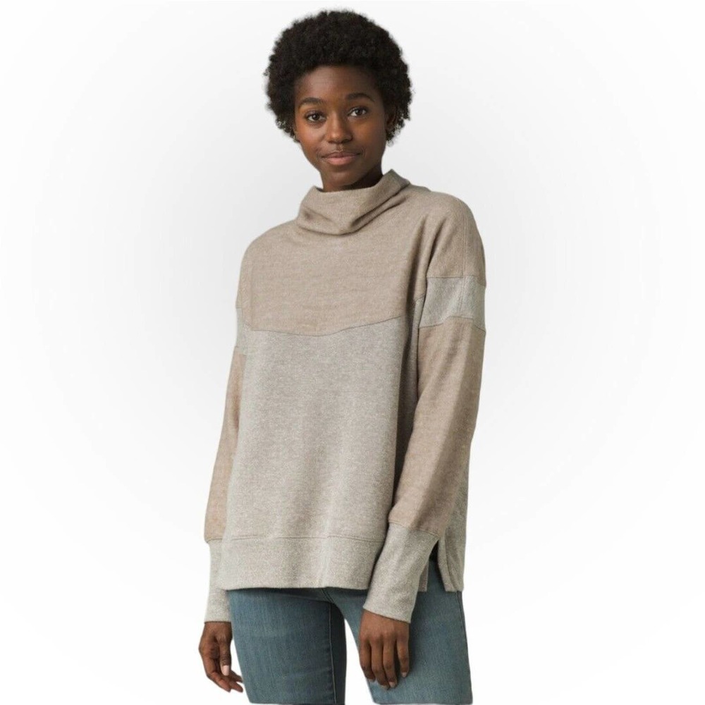 Prana Cozy Up Mock Neck Sweatshirt Size L Beige Heather